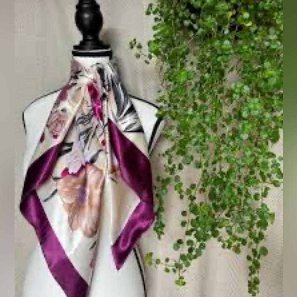Scarf or square bandana, floral print, satin, purple and bage